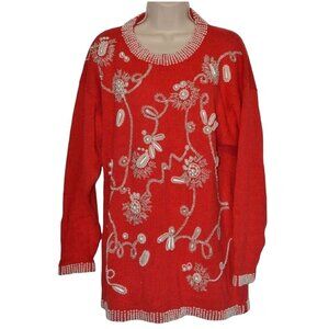 Vintage 80s Lisa Ashley Sequin Beads Sweater Sz M Pearl Rhinestone Red Oversized